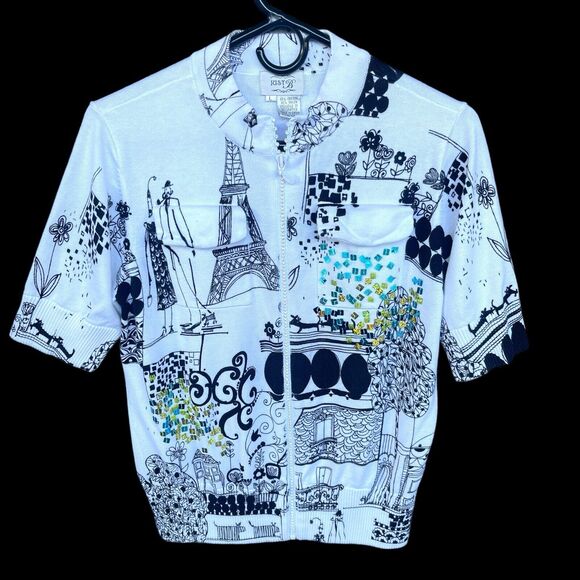 Vintage Sweater Womens Small Full Zip Beaded Short Sleeve Paris Vacation White - Picture 1 of 12
